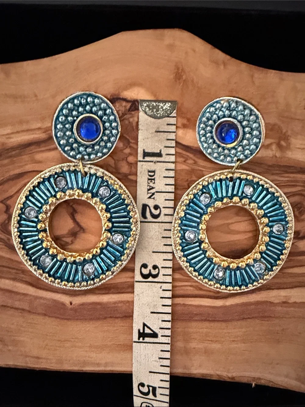 Vintage 1970’s Boho Teal and Gold Circular Clip On Statement Earrings